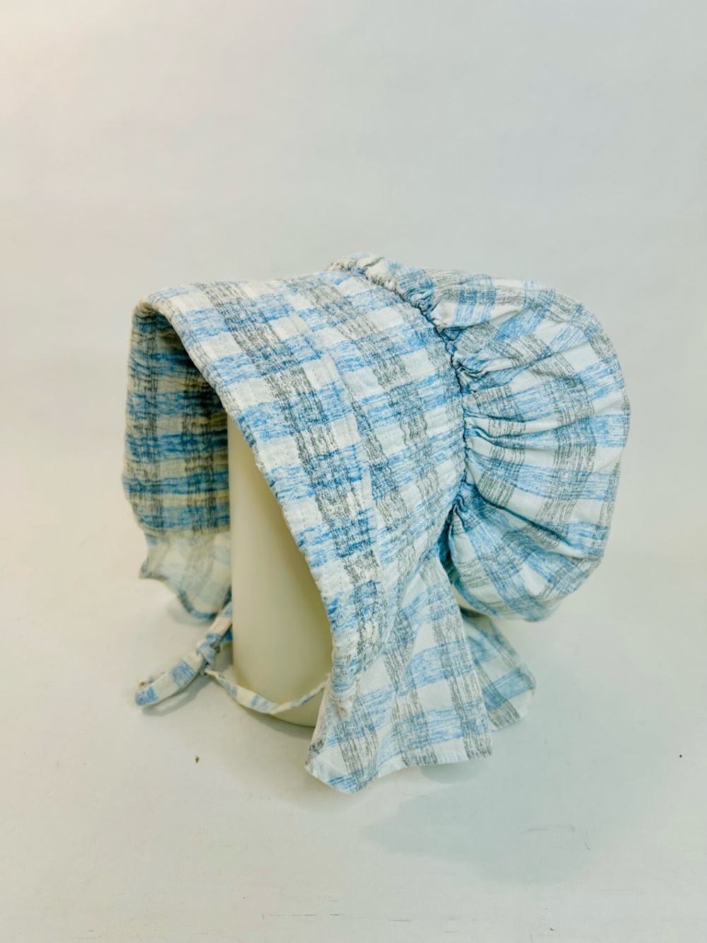 Vintage Large Prairie Sun Bonnet, Blue and White Plaid Flannel, One Size